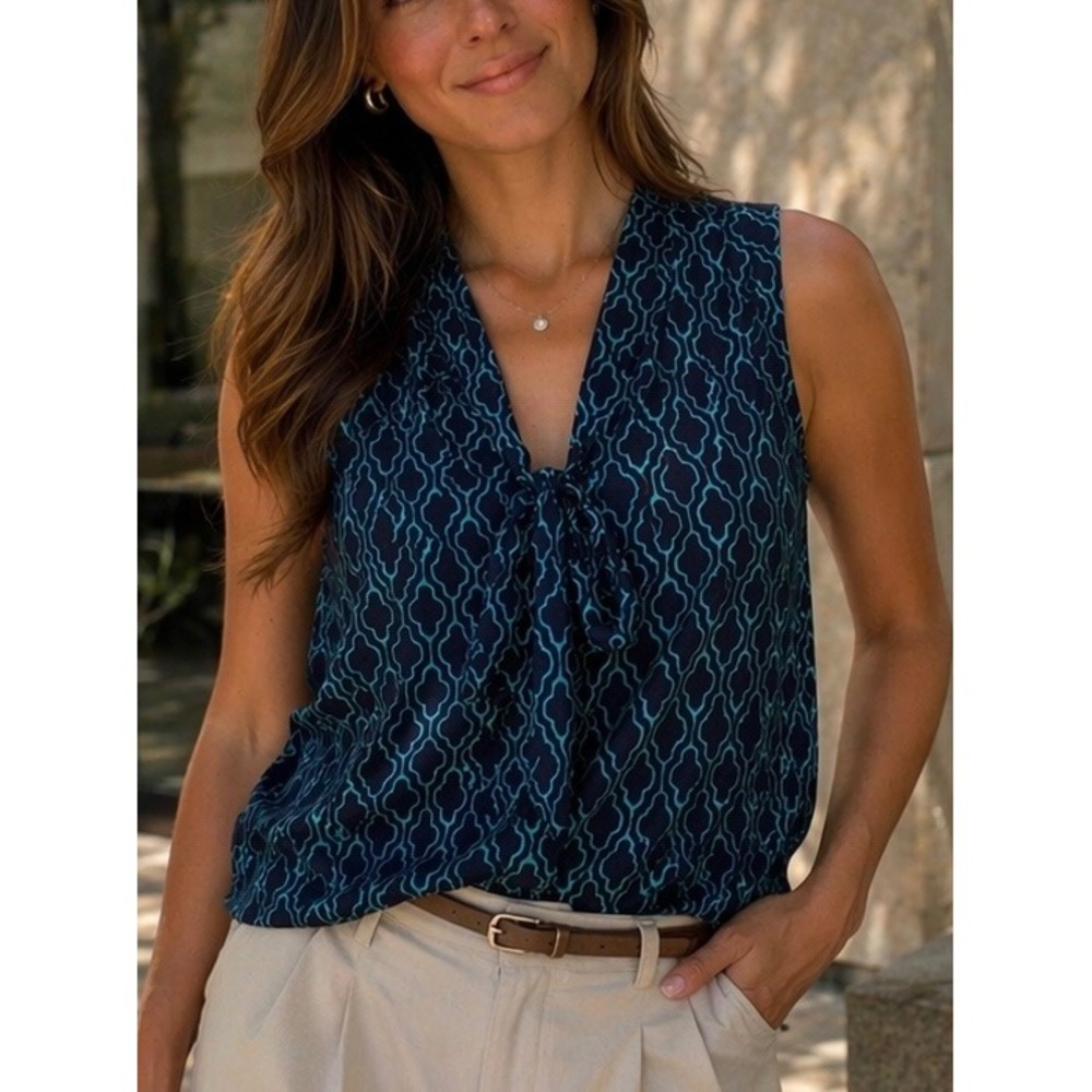 41Hawthorn Women Sleeveless Blouse Navy Blue Teal Small Geometric Tie Front Top‎